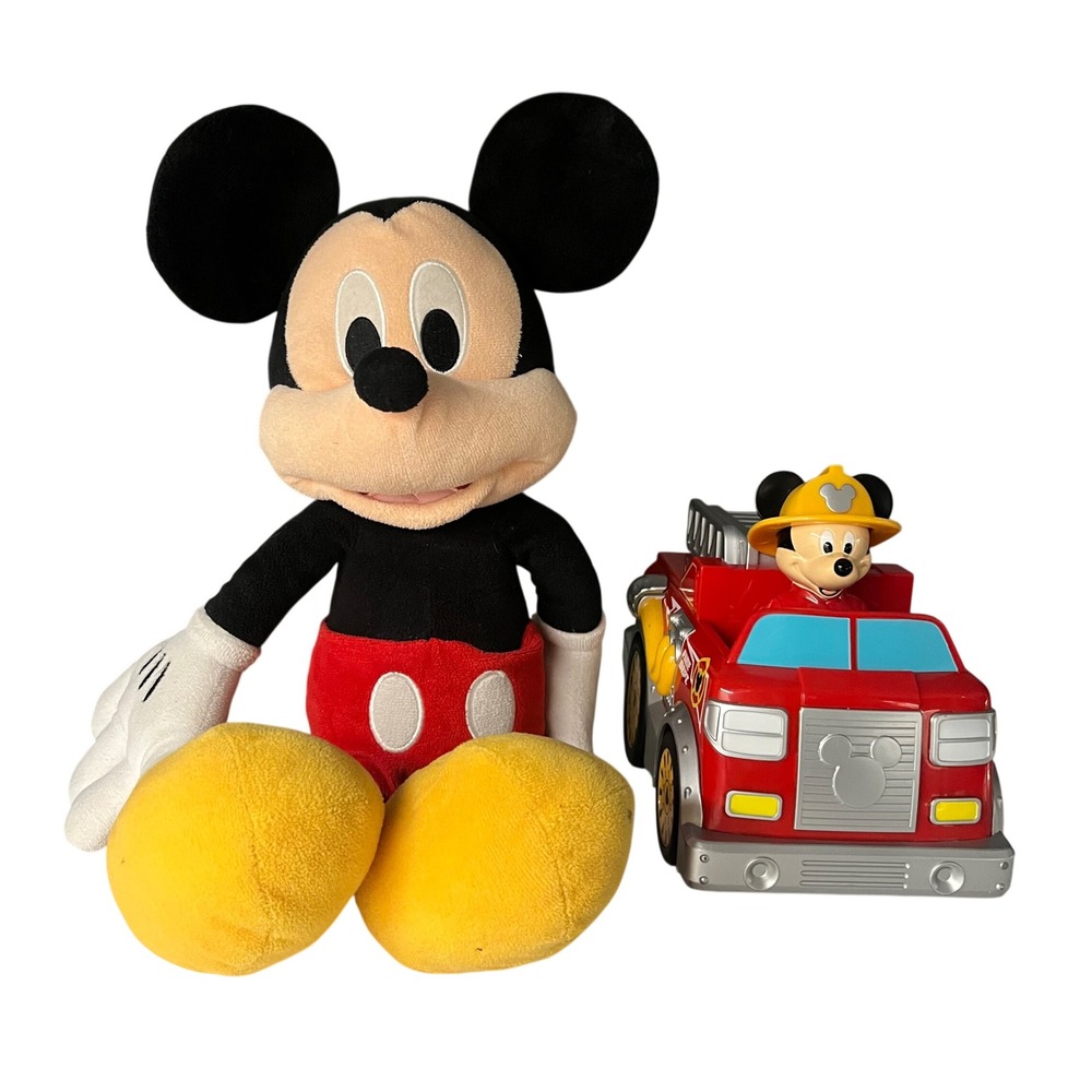 Disney Mickey Mouse Plush Toy and Fire Truck Firefighter Set Red Yellow